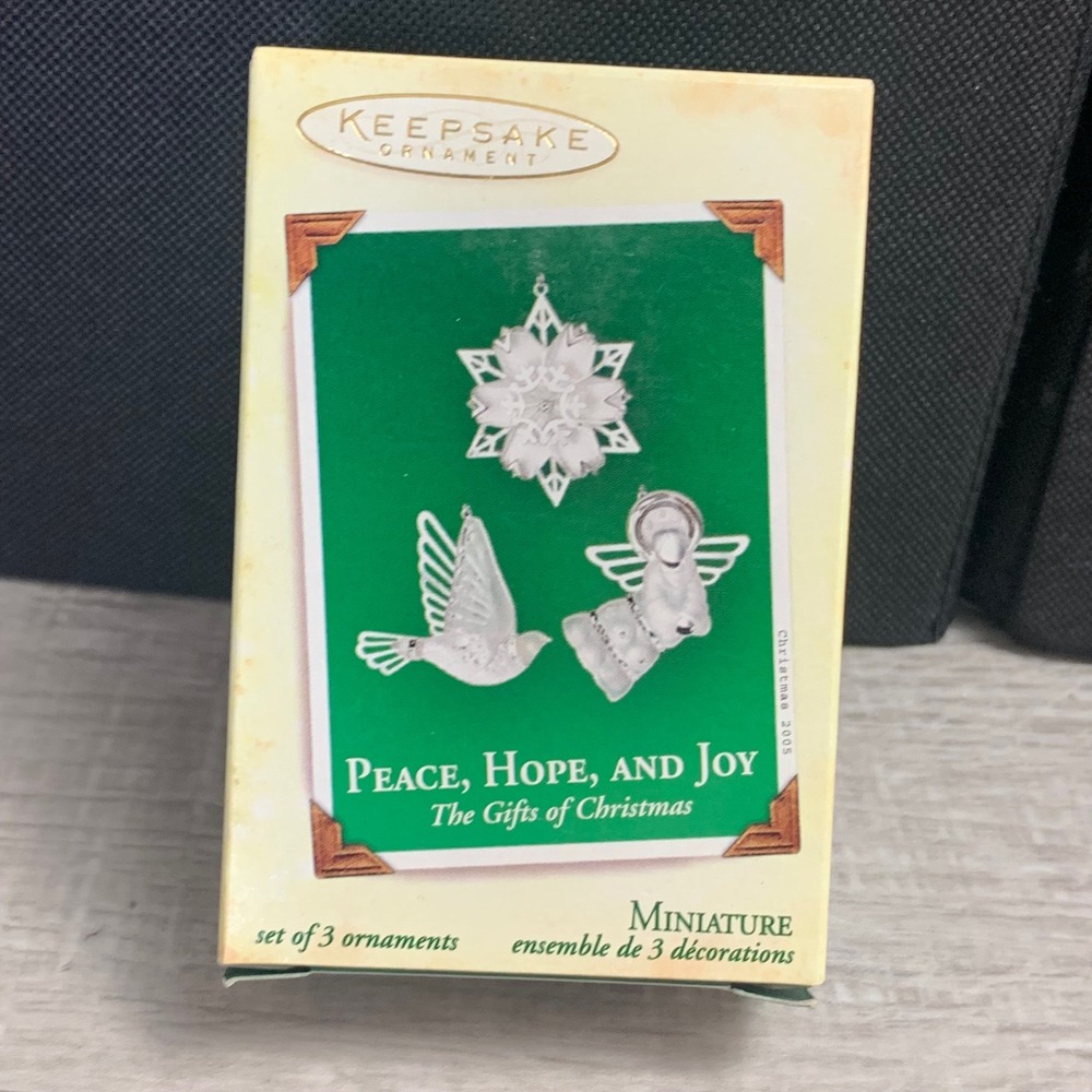 Hallmark Keepsake 2005 Peace Hope and Joy Miniature Metal Ornaments Set of 3